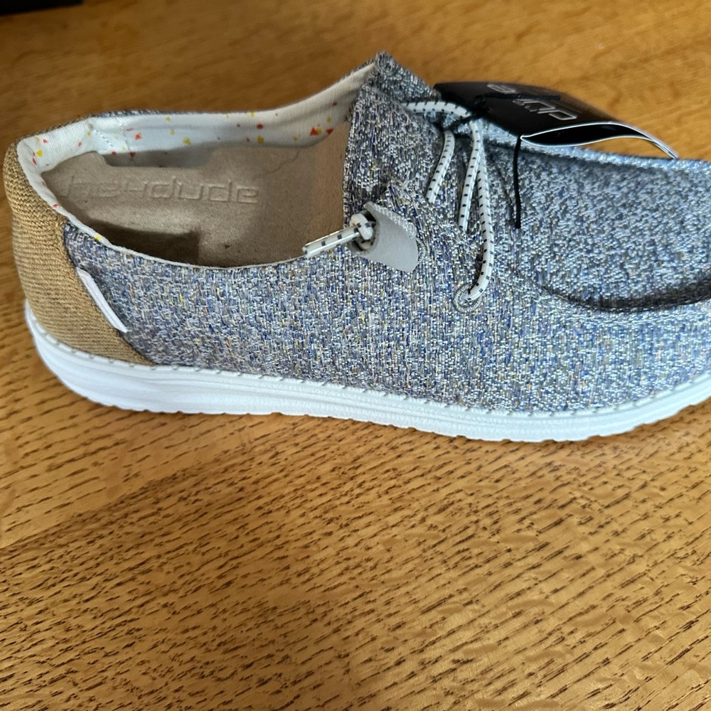Hey Dude Sparkle Knit Casual Loafers - Gray / Blue with Tan Heel